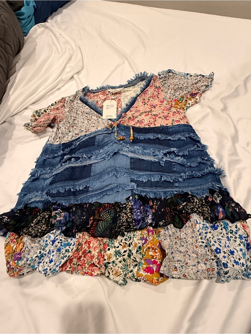 Boho Floral & Denim Ruffle Tunic Top in Blue and Multicolor